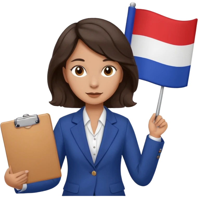 wavy dark brown hair, no glasses, fox dark eyes, with a little file in the hand, being a teacher with a board in the background with a french flag, emoji