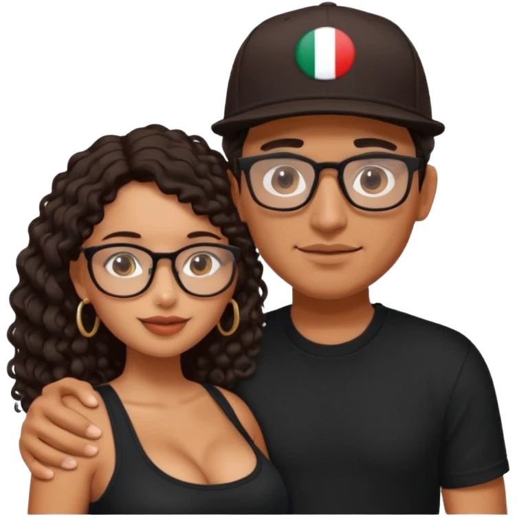 A picture of an embracing tanned couple. the man is a Mexican man with tanned skin, with a bald hair cut wearing a SnapBack hat and a black shirt. the woman has glasses on with long curly dark brown hair and with big boobs.  emoji
