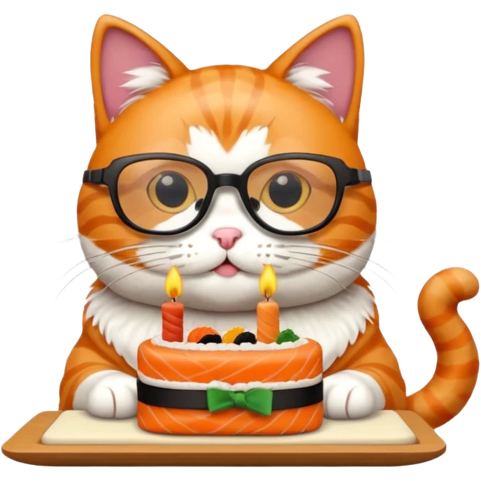 cat with cool square shaped glasses eating a birthday cake made out of sushi emoji