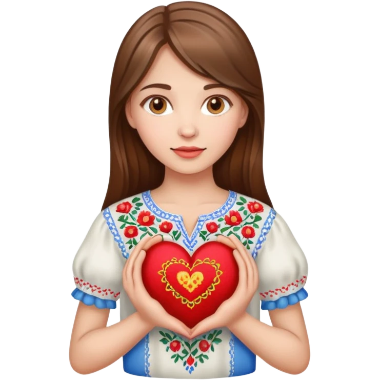 A beautiful young girl with brown hair in a Ukrainian embroidered shirt is holding a large embroidered heart emoji