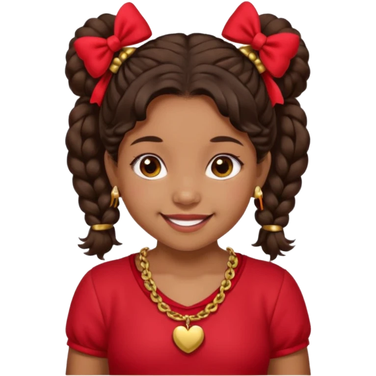 Brownskin girl dark brown hair fluffy. pigtails with red bows brown eyes smiling closed mouth red shirt gold esrrings gold necklace emoji