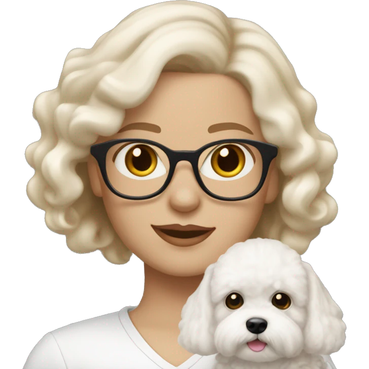 white-woman-with-white- wavy-medium-hair-big-hazel-eyes-and-glasses- holding- Bichon with light brown ears  emoji
