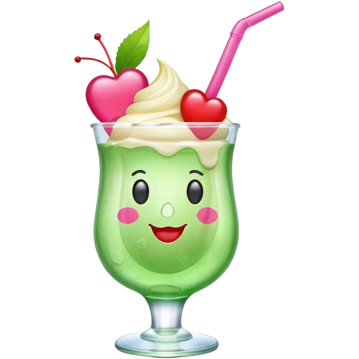clear emoji-style of a green soda float with ice, vanilla ice cream scoop, two red cherries, pink heart-shaped straw, simple shapes, bright colors, glossy, kawaii style, centered, transparent background
 emoji