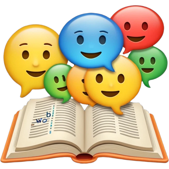 A minimalist emoji-style icon representing wordplay — symbolizing creativity with language. It features an open book or speech bubble merging with playful letters or word fragments, forming a clever visual pun. emoji