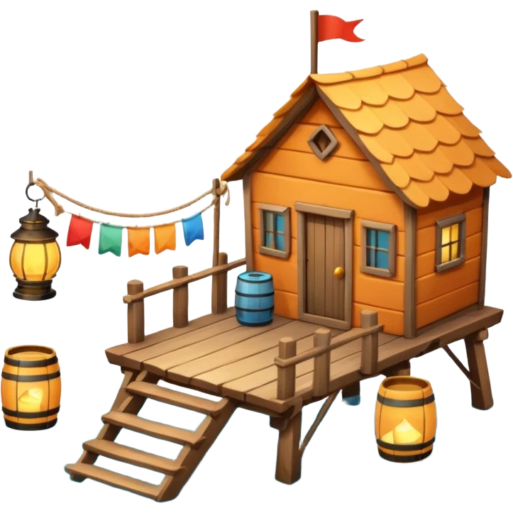 
fisherman house on a wooden pier, small dock, fishing nets hanging, barrels, lantern, ocean vibe, 3D cartoon, cute mobile game icon, clean background, no text
 emoji