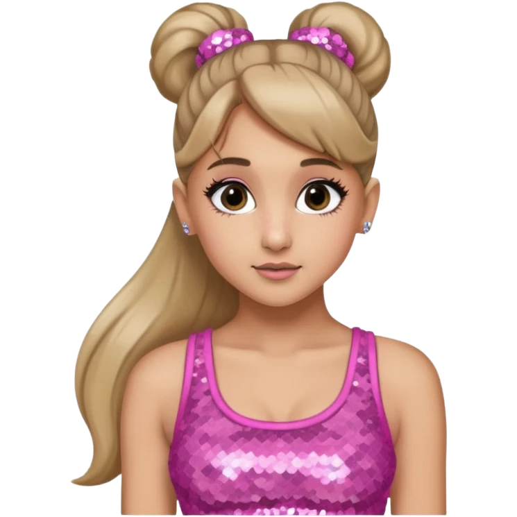 Ariana Grande with long dark blonde ponytail hair, pink sequin crop top emoji