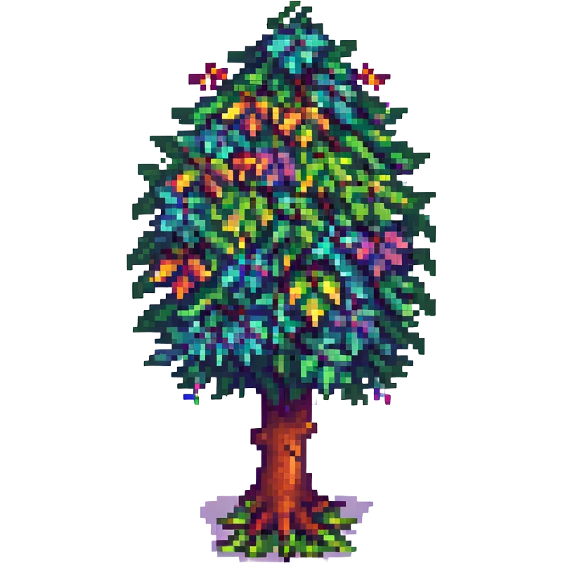 Terraria tree with rainbow leaves representing LGBTQ+ pride, pixel art, bright and cheerful, no text emoji