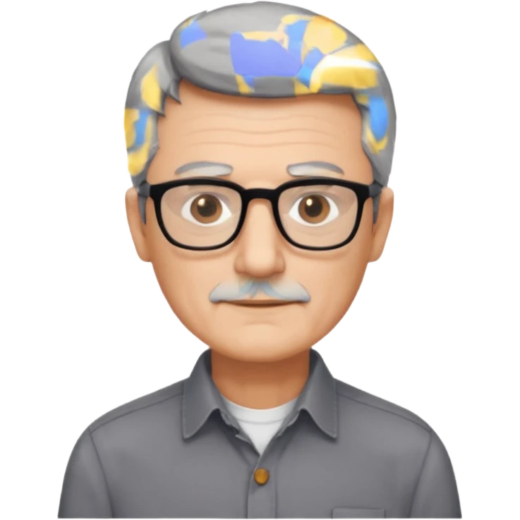 man 60 short dark grey hair, brown eyes small black rectangle glasses no beard emoji
