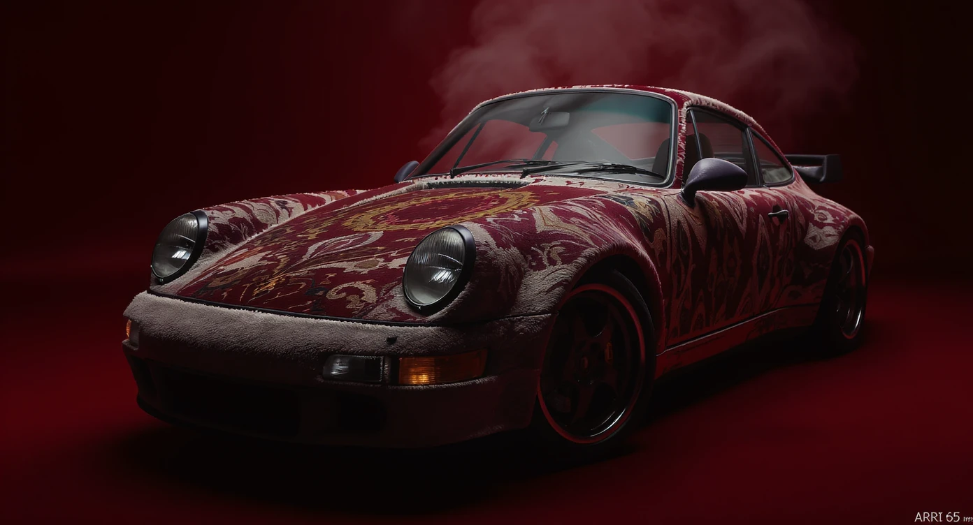 Closeup shot of a porsche 911, body of car made of russian carpet with patterns, red solid studio background, very dark room, top low key light, dutch angle, haze, captured by ARRI 65 emoji