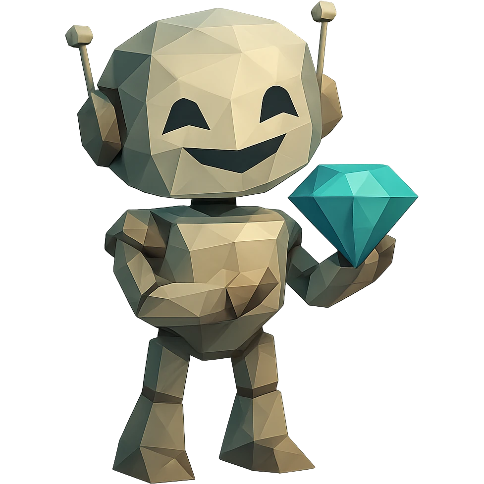 smiling robot holding a blue diamond emoji