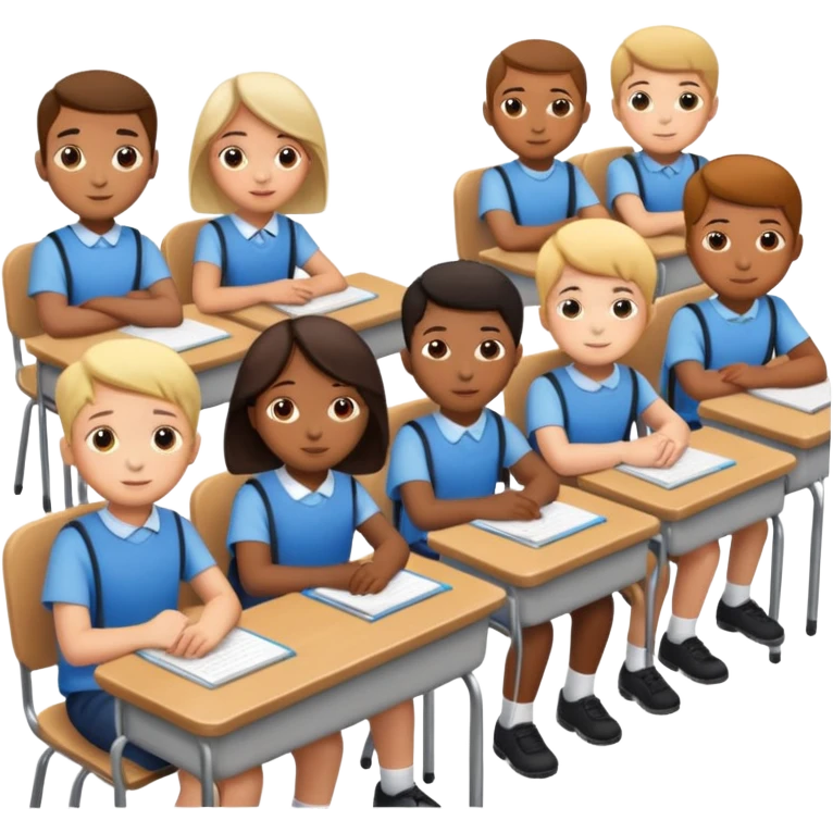 school children sitting in a row behind their school desks emoji
