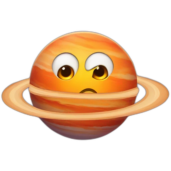 planet Jupiter with a cartoon orange face with big courageous eyes emoji