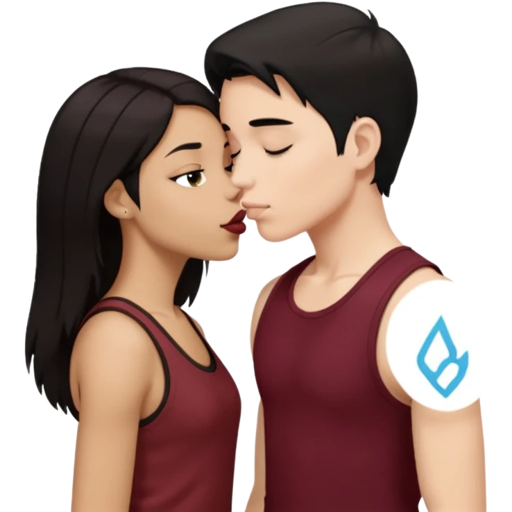 a white woman with short tomboy black hair wearing men's black tank top kissing a lightskin woman with long dark blonde hair wearing maroon tank top emoji