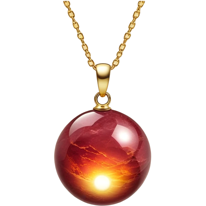 A polished round ball wine granite pendant suspended from a delicate gold chain, like a drop of enchanted starlight, glowing with the warmth of passion and the quiet power of transformation ethereal emoji
