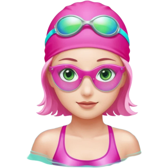 pretty girl with green eyes pink swim cap holographic swimming glasses and cute profesional swimmer pink swimsuit without her hair visible swimming emoji