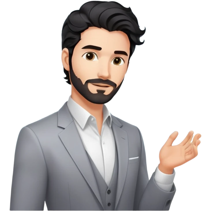 Professional 35-year-old man with black wavy hair, stubble, strong jawline, white skin tone, wearing smart casual business attire, interacting with holographic digital display, surrounded by tech elements, innovative business strategist emoji
