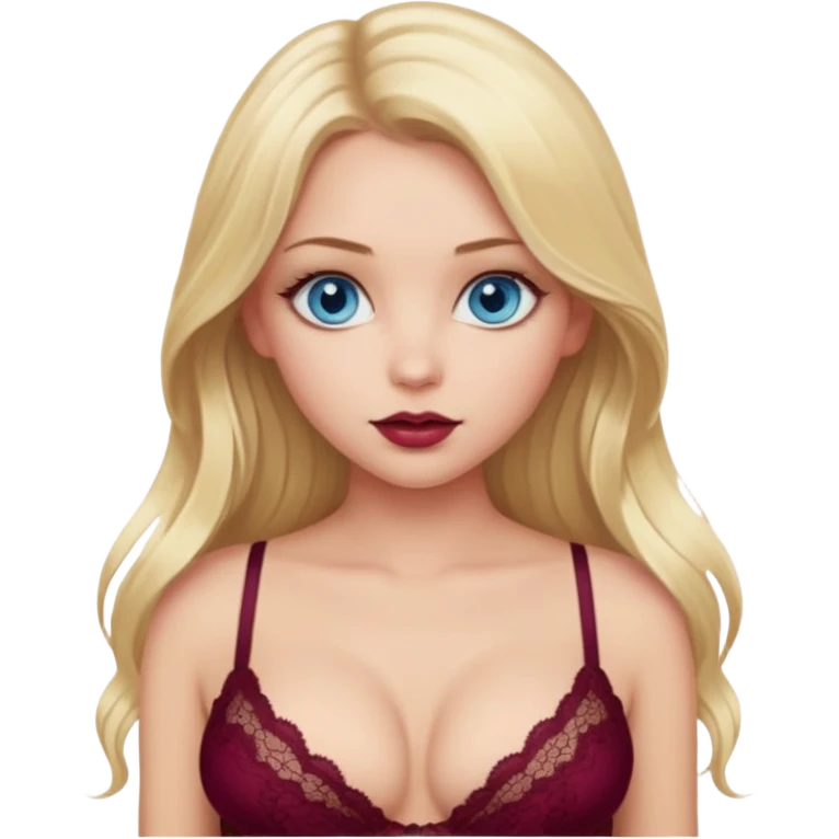 A beautiful blue-eyed girl, a blonde with long hair, full lips, and large eyes, wearing a burgundy lace bra through which her breasts are visible emoji