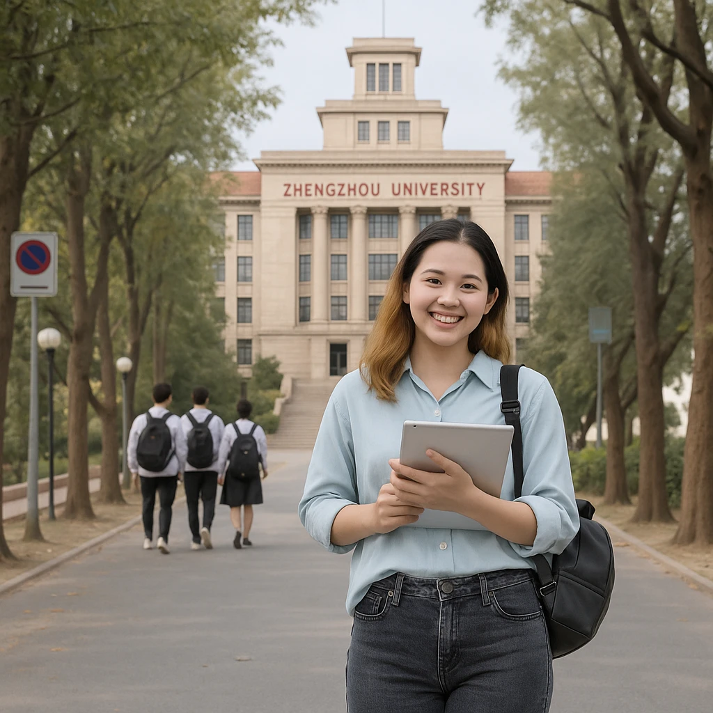 Add the Zhengzhou University main building in the background, keeping the scene realistic and natural, blending the architecture with the existing campus environment. Maintain a natural and harmonious integration with the current campus scene. emoji