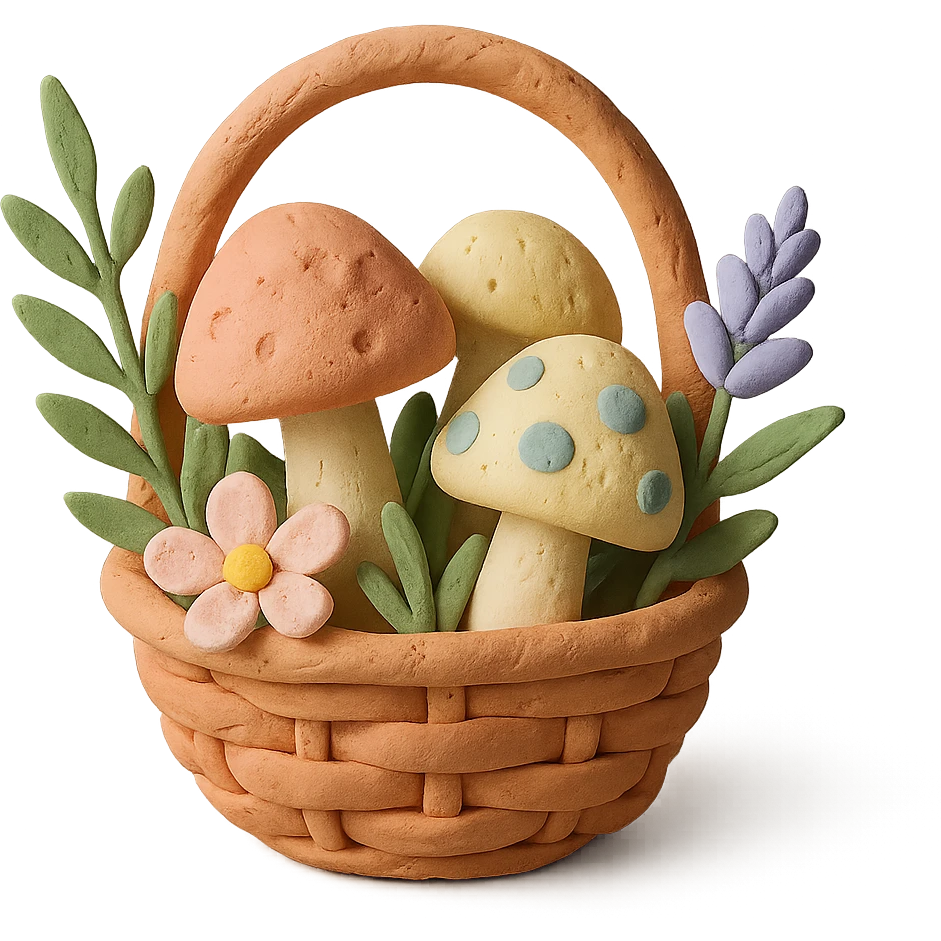 basket full of forest goodies including mushrooms, herbs, flowers in soft pastel colors, claymation style emoji
