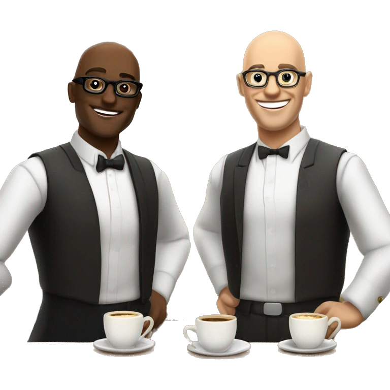 caffe bar hik and a semi bald waiter with glasses greeting you sith a large smile emoji