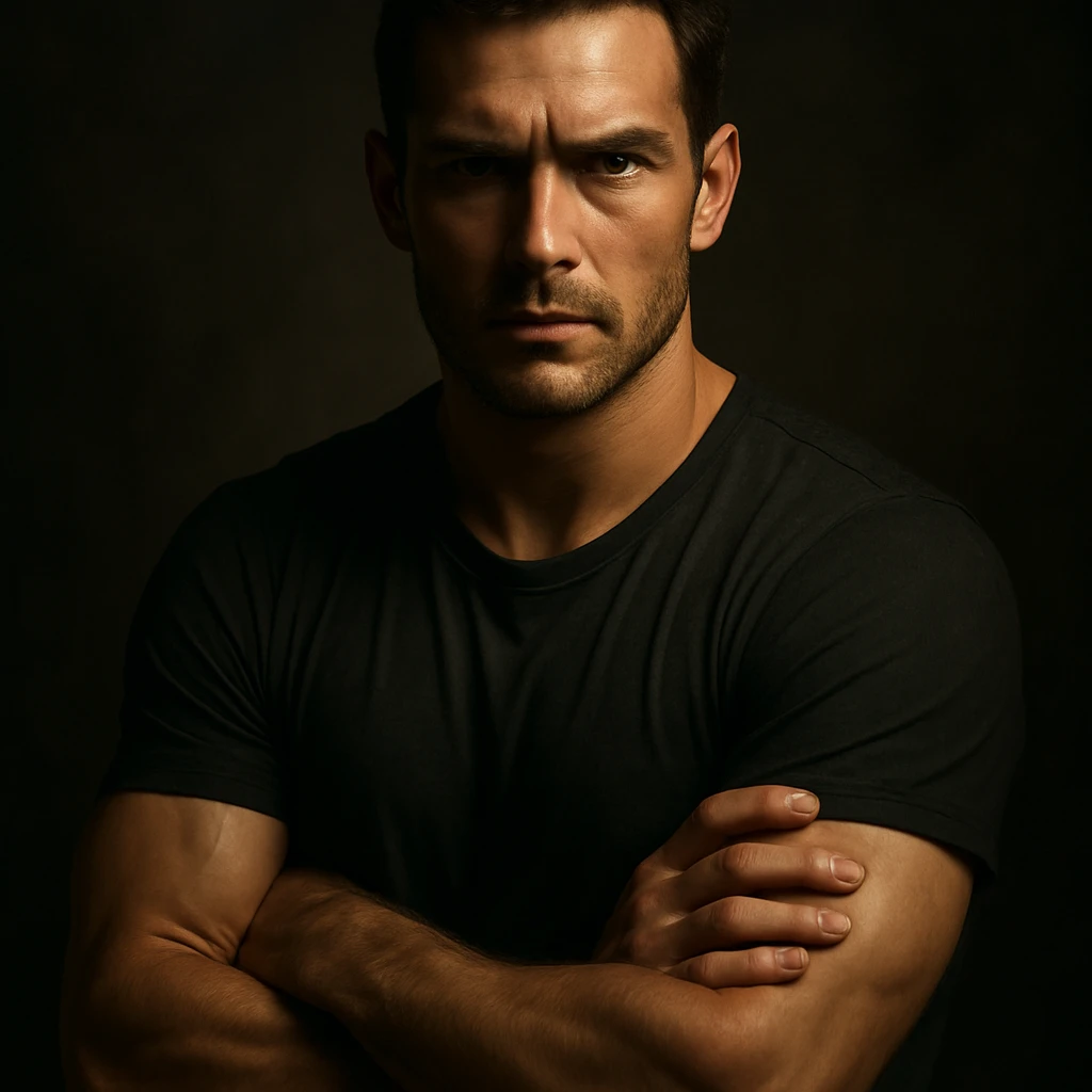 cinematic 4K image of a man with intense yet calm expression, protective stance, masculine energy, hyper realistic, dramatic lighting emoji