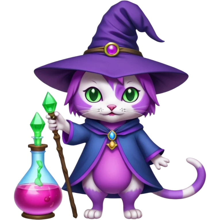 Purple witch cat full body with pink potion and blue potion  emoji