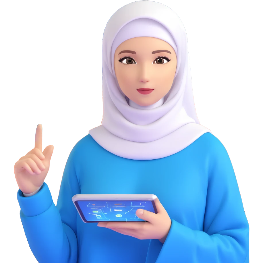 woman with white hijab wearing blue outfit, working with futuristic screens showing advanced holographic interfaces, AI visualizations, quantum data patterns, circuit networks, high-tech metaverse elements emoji
