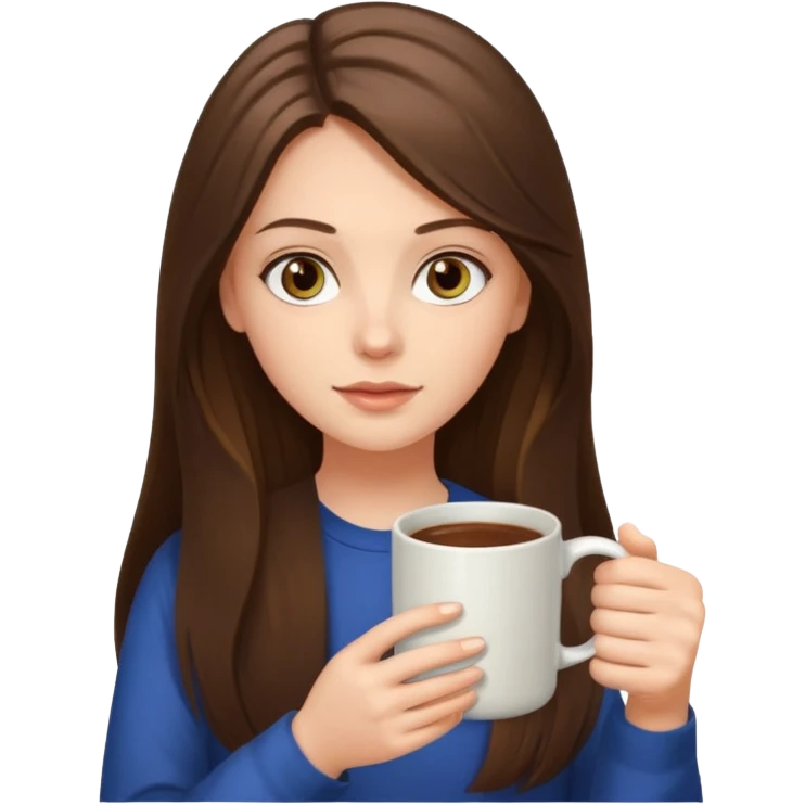  white long brunette hair girl with hazel eyes reading with a mug emoji