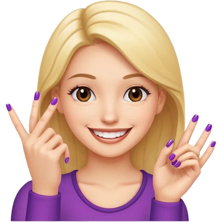 a girl with a big smile, showing off her new nail with her hand near her face emoji