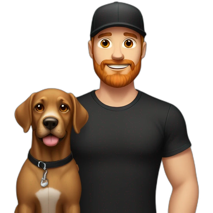 A handsome man in a black T-shirt and a black cap and with a red beard with a black Labrador dog emoji