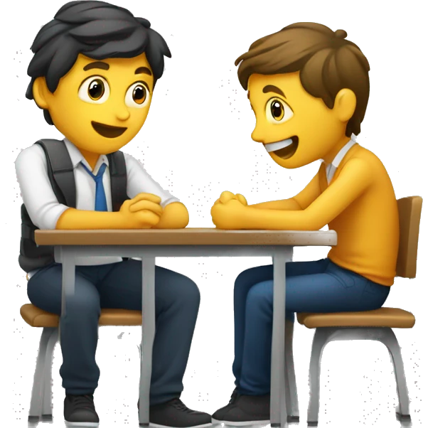 European students sitting at desks. They are talking to each other emoji