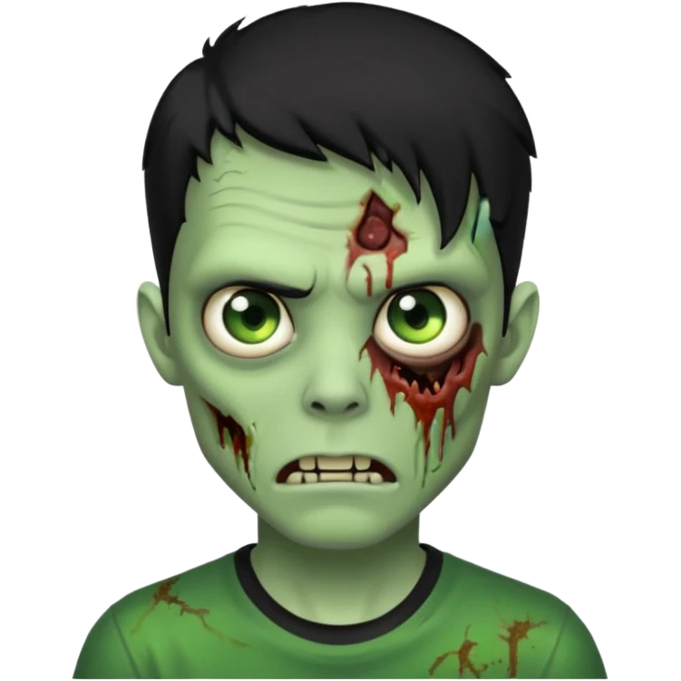 Zombie Emoji AppleIOS Style, lowfade Black Hair, and Black T-shirt, Green Skin, normal expression emoji