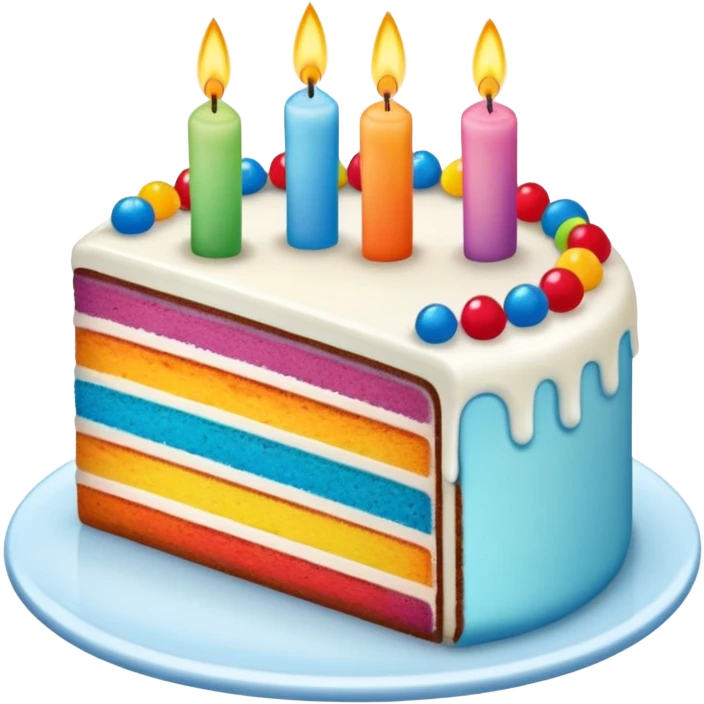 slice of rainbow birthday cake with a candle emoji