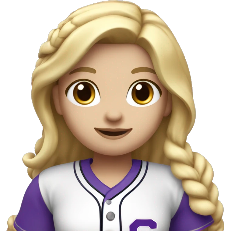 baseball card character. Blonde female long shoulder length hair. letter C logo. white and purple uniform. emoji