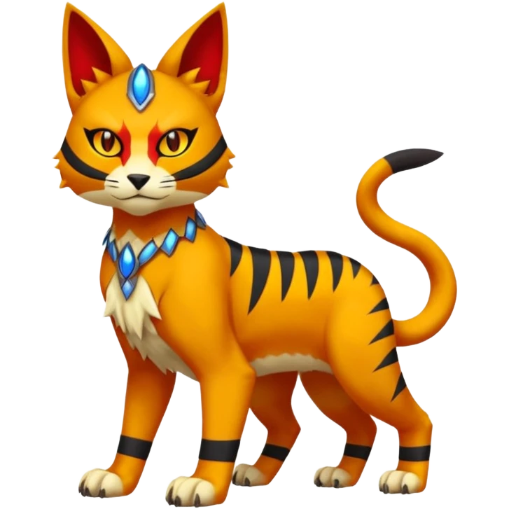 Colorful orange red black yellow Bastet-Gatomon-Vernid-Protogen-Digimon-Fakémon-Pokémon-creature  (full body) emoji