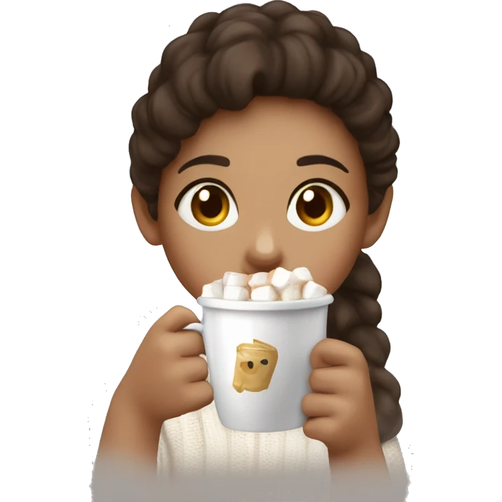 A New Year's cup with coffee and marshmallows in the hand of a light-skinned girl with dark brown hair in a white fluffy sweater emoji