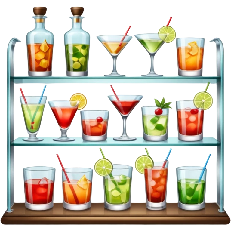 A glass shelf filled with cocktail bottles and fancy drinking glasses.
 emoji