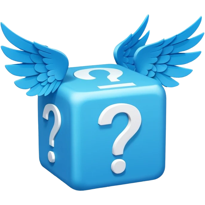Blue cube with blue wings and has a white question mark emoji