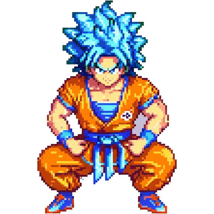 Goku from Dragon Ball Z, pixel art style, spiky hair, orange gi, blue wristbands, confident pose emoji
