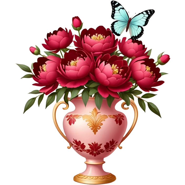 Delicate butterfly with Ruby and Wine Red wings perched on a Fiery Red bouquet of Peonies in an elegant Pastel Rose vase, bathed in warm, soft lighting. emoji
