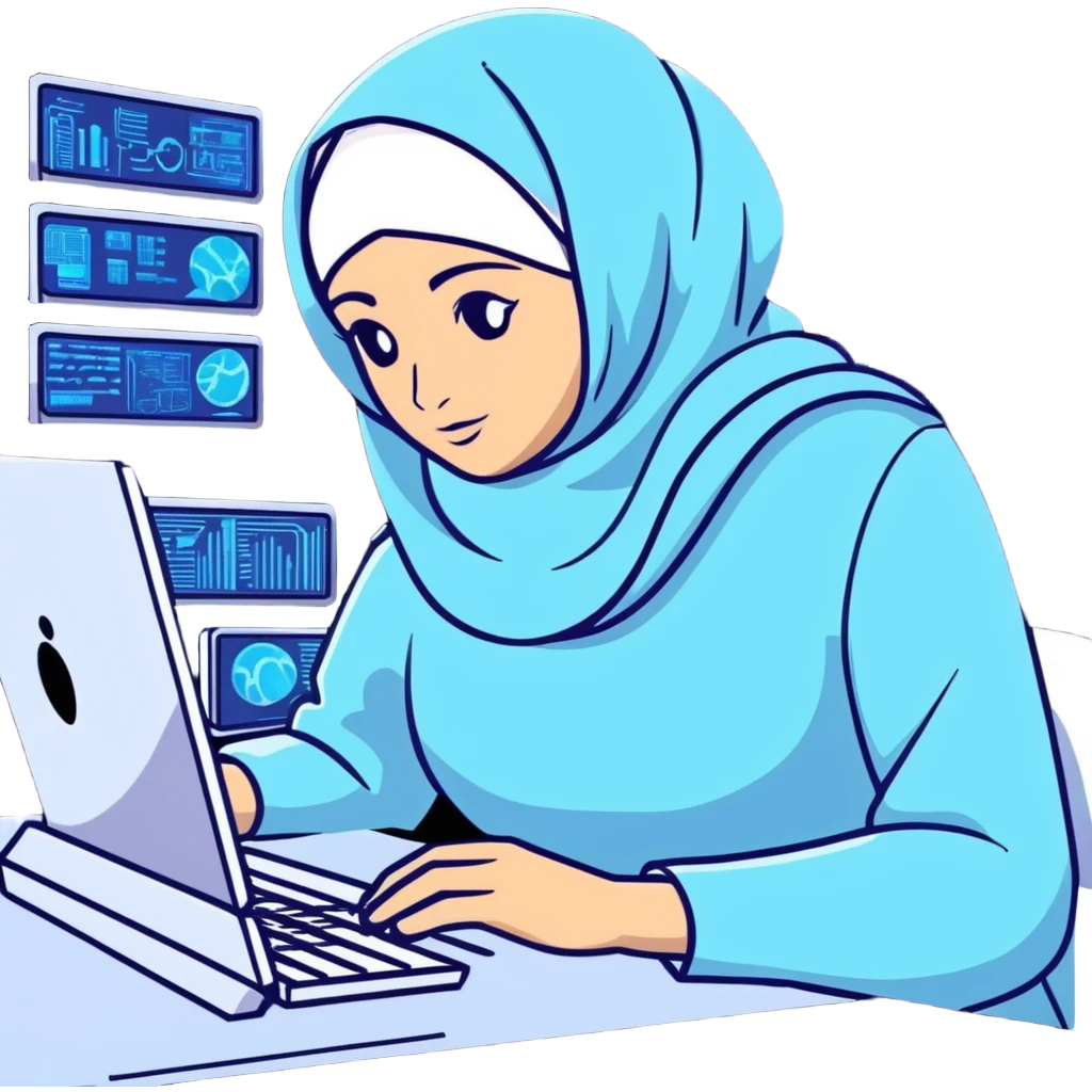 computer engineer with white hijab wearing blue clothes, working with multiple holographic screens showing digital world, virtual interfaces, metaverse elements emoji