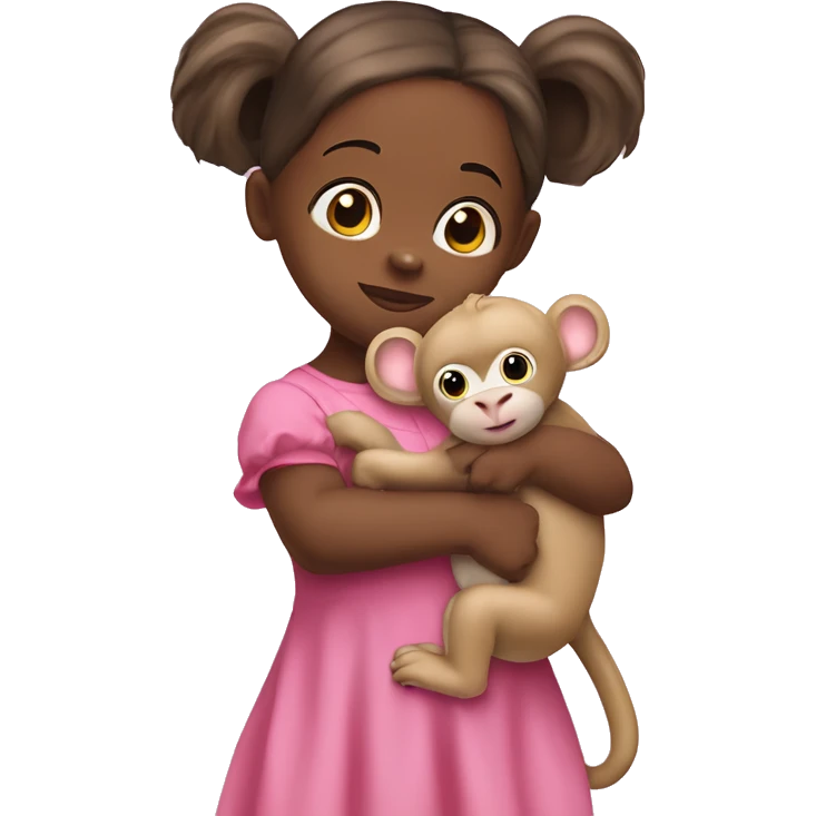 10 months old girl in a pink dress and ponny tail on top of her head with a monkey stuffed animal in her hands emoji