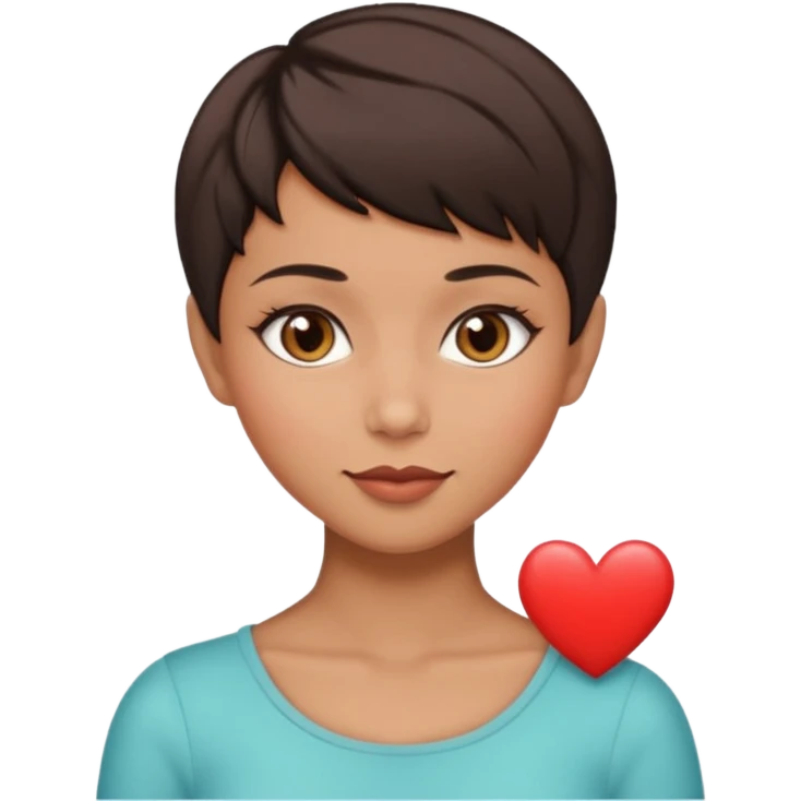woman pixie cut dark brown hair, tan skin, brown almond eyes, heart shaped face emoji