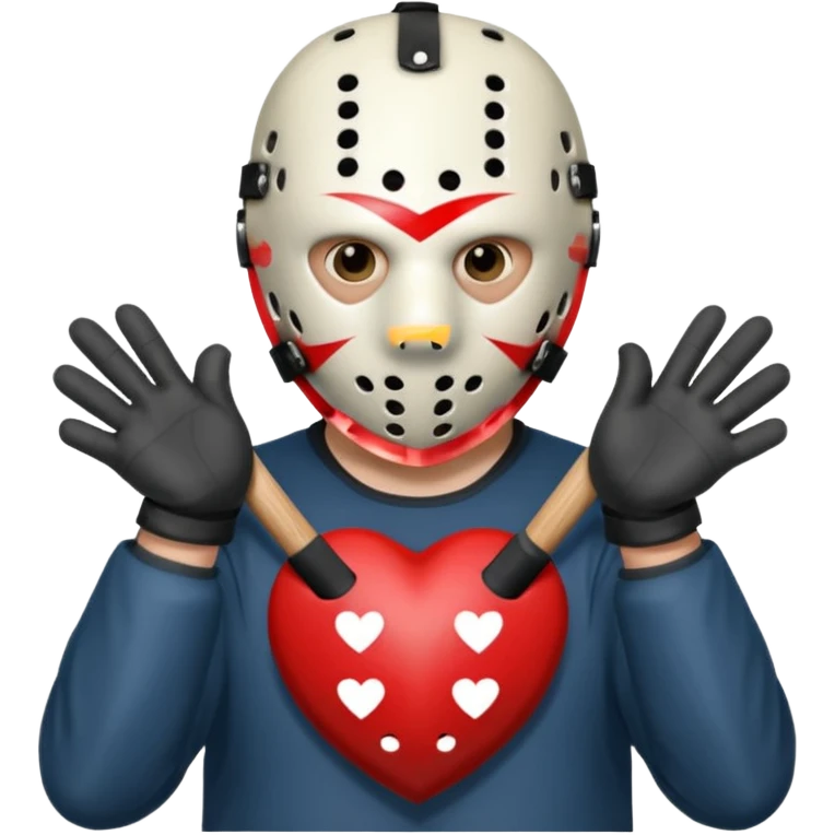 Jason Voorhees, looking cute, making a heart with his hands emoji