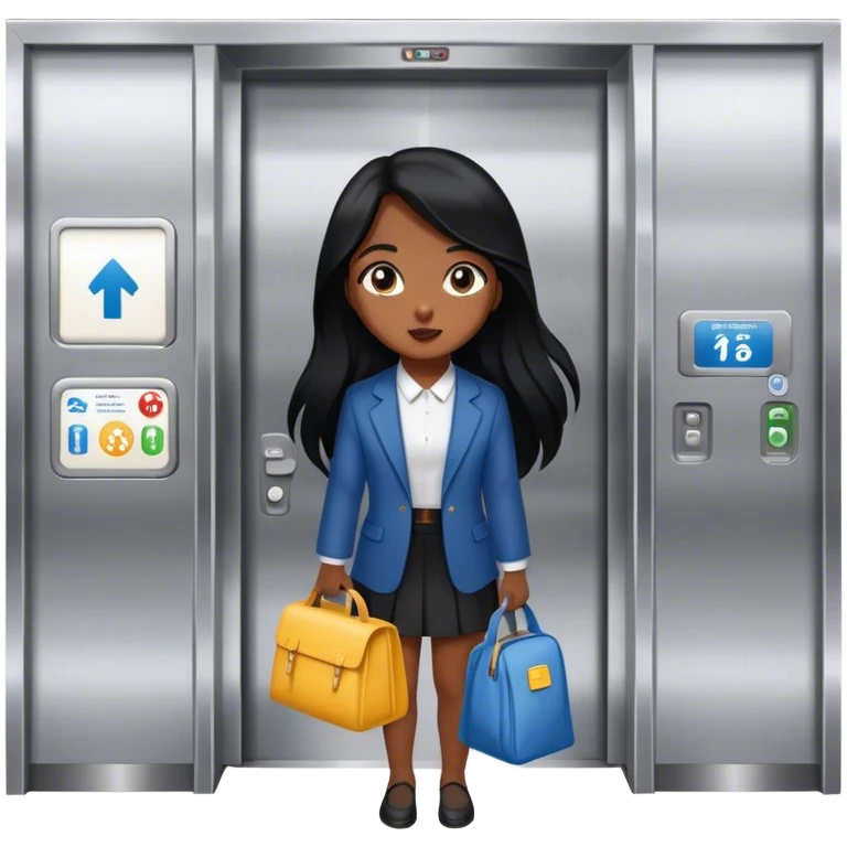 Going down an elevator ready for work with lunchbox and tote bag girl with black long hair  emoji