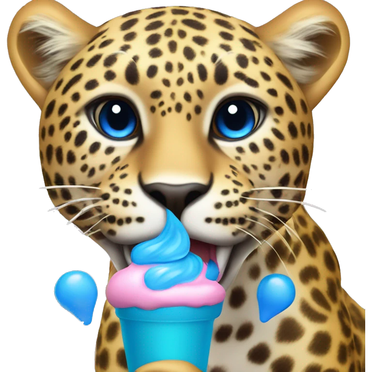 Create a a leopard eating blueberry ice cream and the leopard is flying with his blue wings emoji