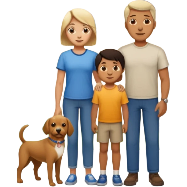 1 Father 1 Mother and 1 young boy who is half as tall as the parents, standing in front of their house with a dog next to them. Everyone should look VERY happy emoji