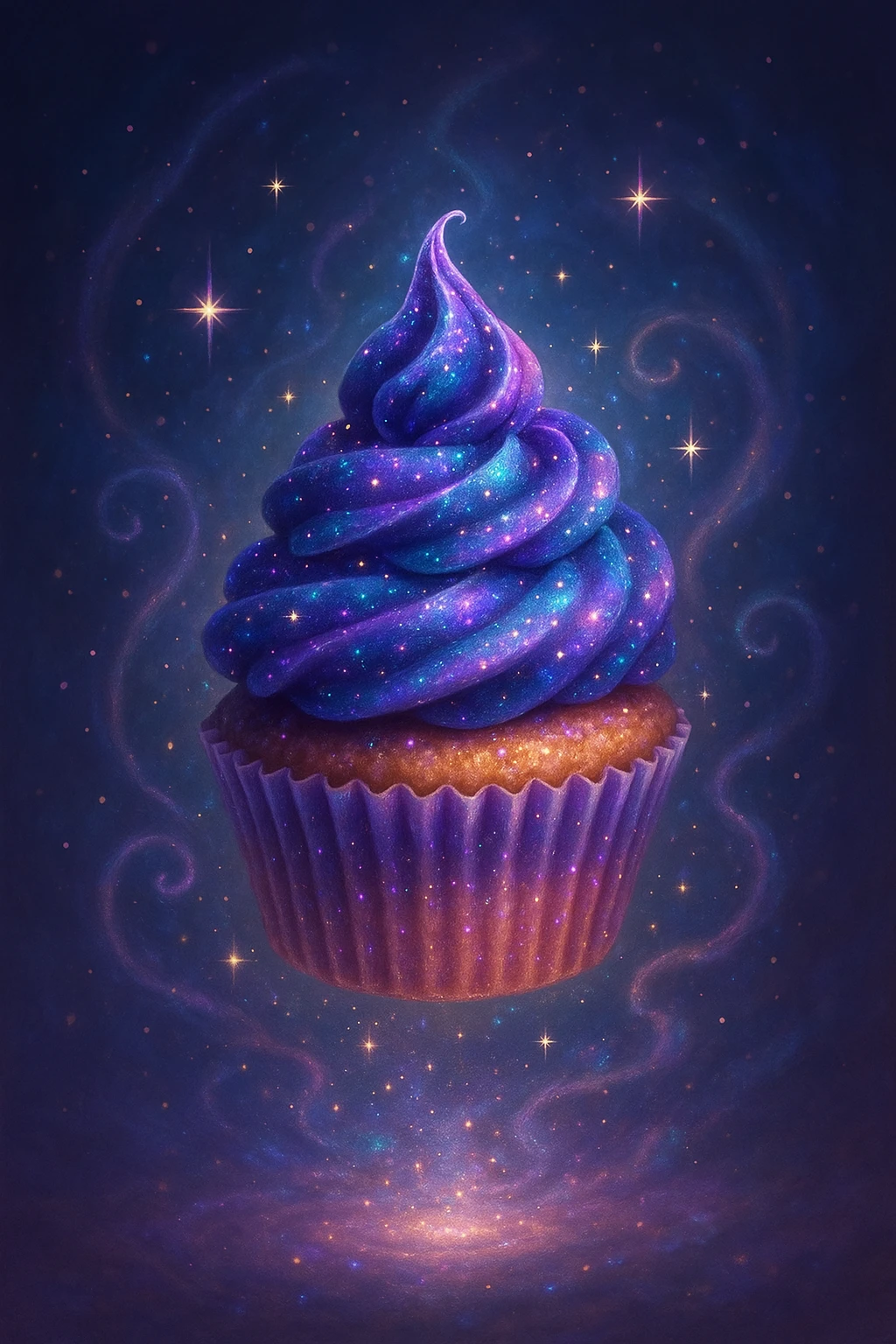 whimsical cupcake levitating, galaxy swirl frosting with shimmering sparkles, magical aura emoji