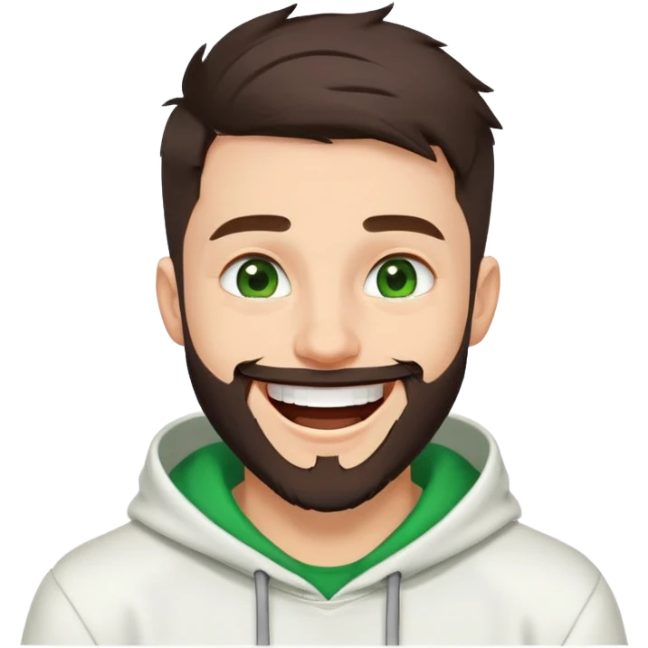 laughing guy with white hoodie, green eyes, dark brown undercut hairstyle and a short full beard emoji