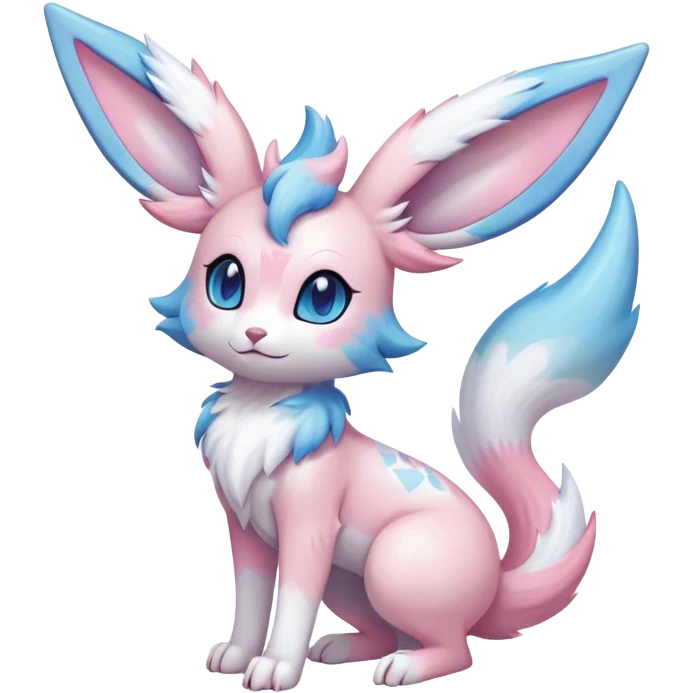 Feral Rare Fantasy cute realistic adorable pastel pink light-blue white iridescent Sylveon-Vernid-Sergal-hybrid by LiLaiRa, markings, tufted ears, full body emoji